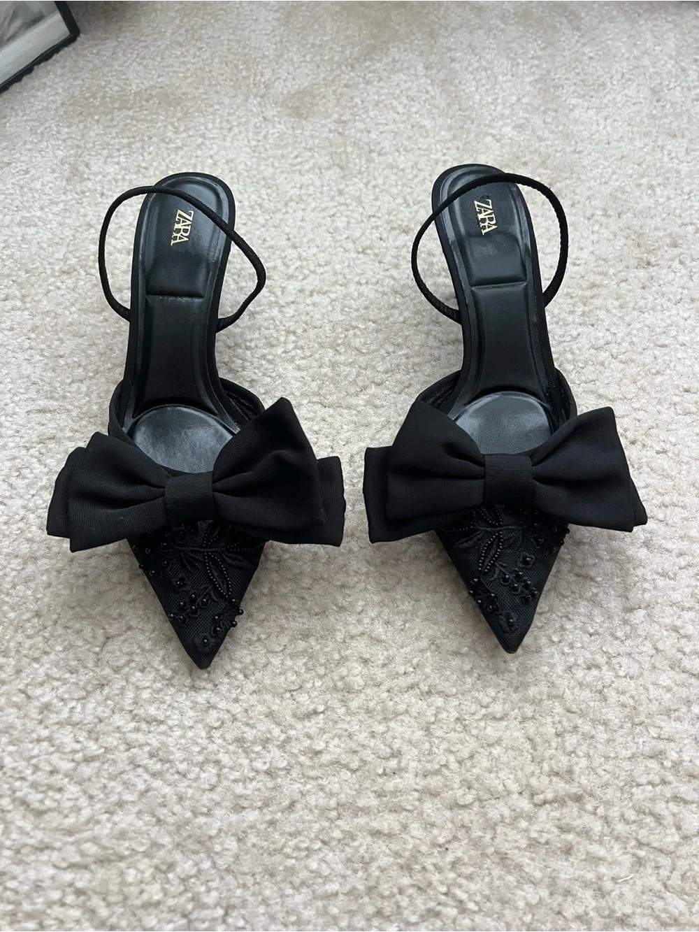 ZARA Black Pointed Toe Slingback Heels with Bow